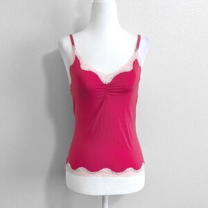 2000s Pink Lace Trim Cami Top with Rosette Detail & Ruched Bust | Size S